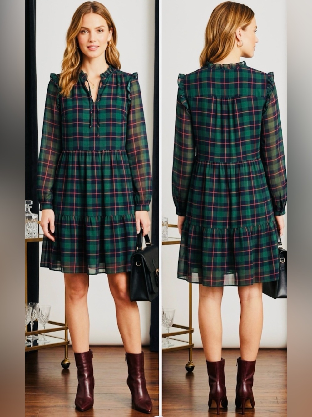 J. Crew Green and Navy Plaid Tiered Long-Sleeve Dress.